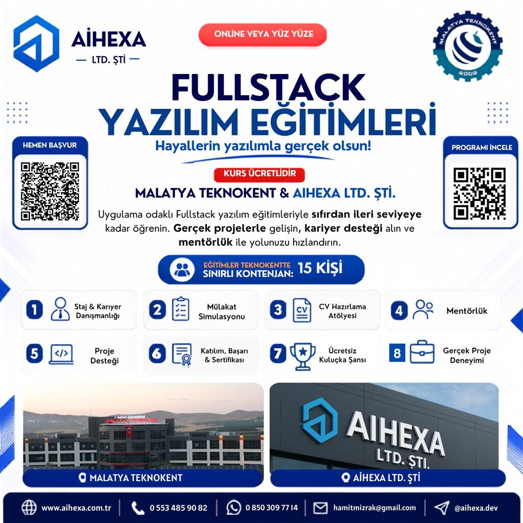 Malatya Teknokent ve AIHEXA iş birliğiyle Full Stack Yazılım Eğitimleri başlıyor!