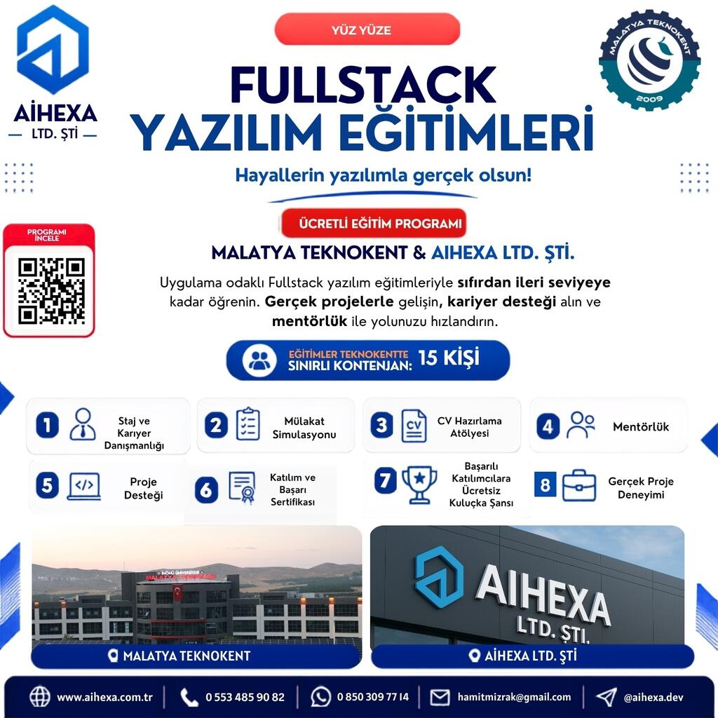 Malatya Teknokent ve AIHEXA iş birliğiyle Full Stack Yazılım Eğitimleri başlıyor!
